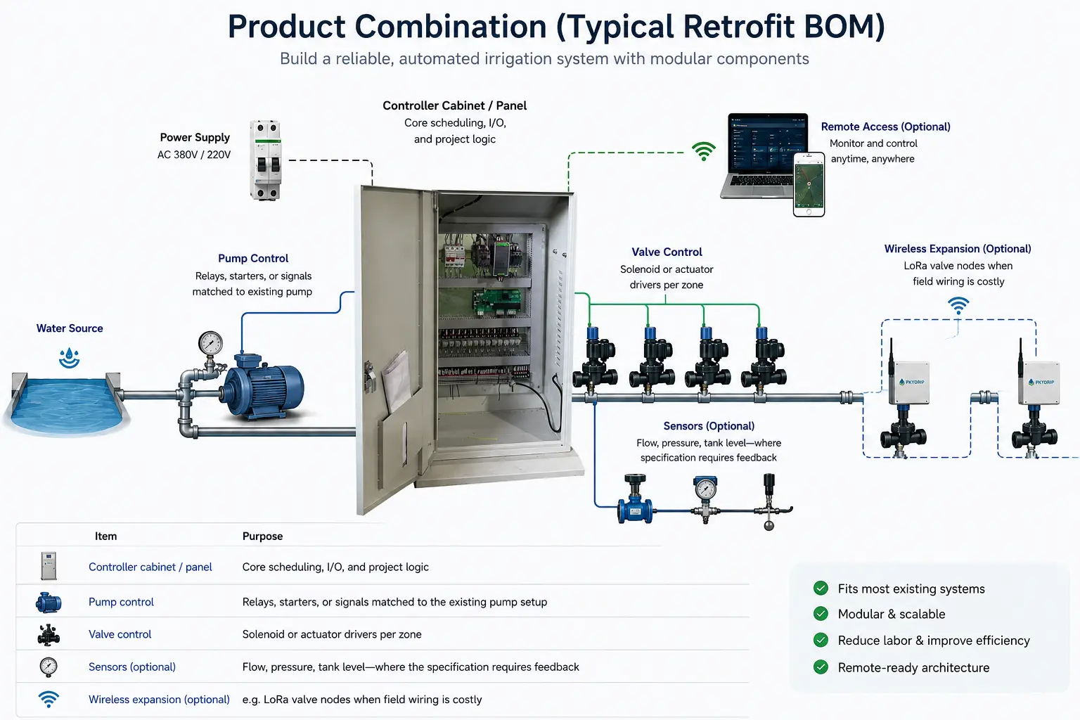 Typical irrigation retrofit BOM with controller cabinet, pump control, valve automation and wireless expansion
