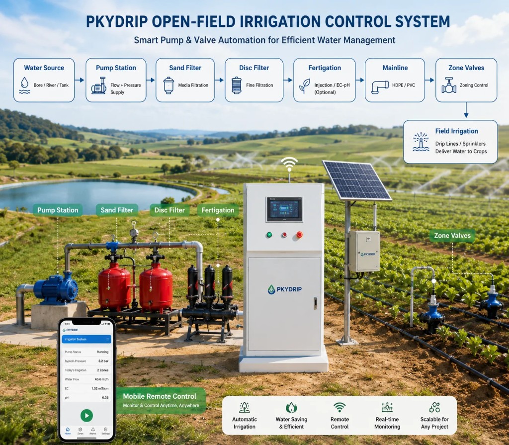 Irrigation control system architecture showing water source, pump, mainline, controller, valves, monitoring, and field zones